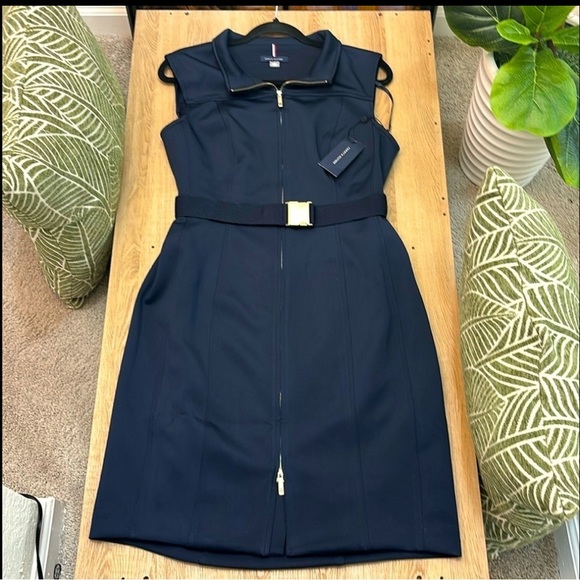 Tommy Hilfiger NWT Solid Navy Blue with Gold Zipper & Buckle Midi-Dress - Picture 1 of 6